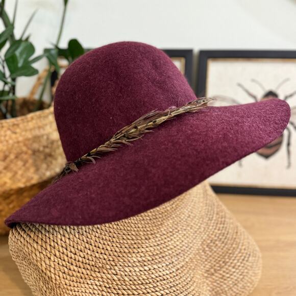 HINGE Nordstrom Feather Trimmed Floppy Wool Hat One Size Burgundy Tan Adjustable - Picture 1 of 8